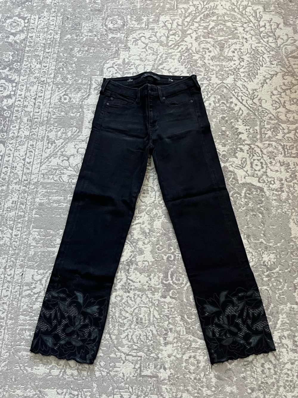 Liverpool Black Wide Leg Jeans with Embroidered Floral Hem